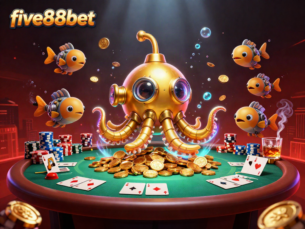 Engage with five88bet as the golden kraken and mechanical fish navigate a sparkling treasure.