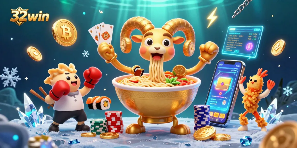 32win showcases a vibrant casino scene with cartoon characters dealing cards amidst glowing crypto elements.
