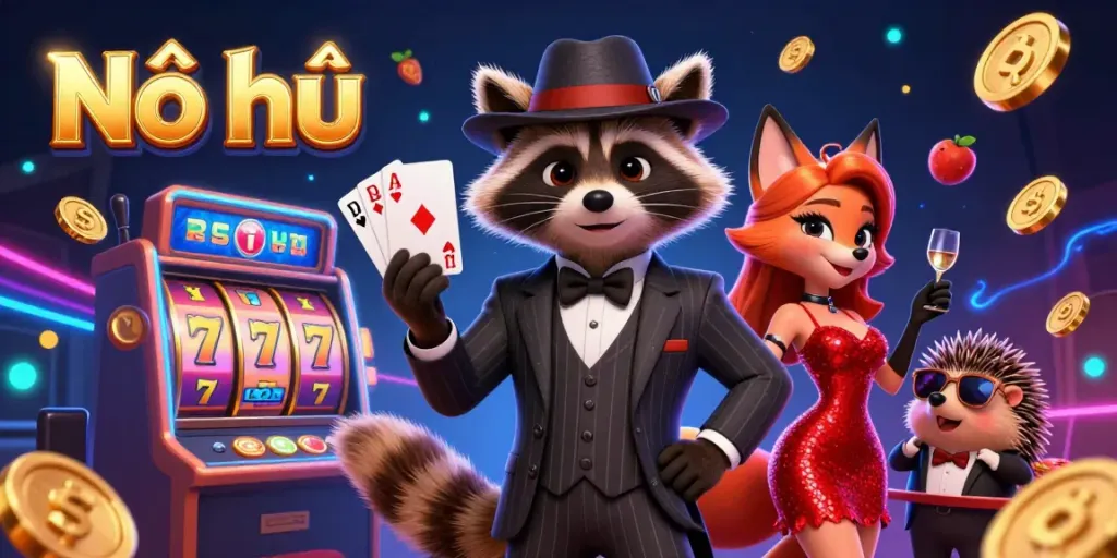 Nổ hũ casino scene with raccoon, fox, and hedgehog celebrating wins amidst vibrant slot reels and golden coins.