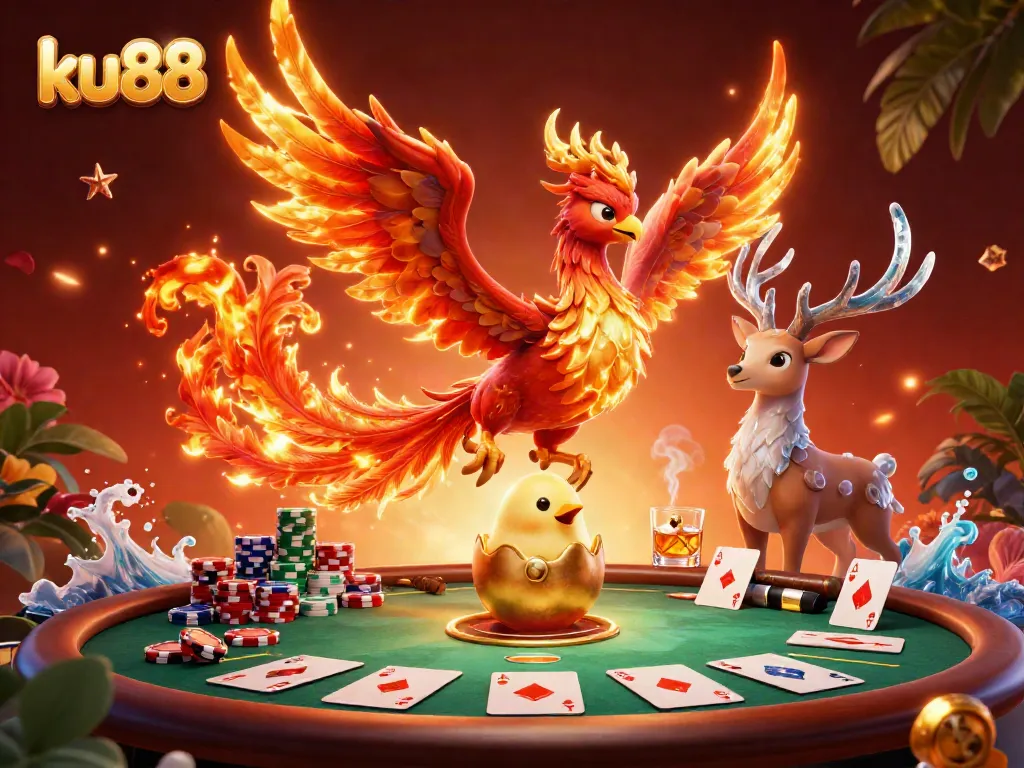 Engage with thrilling gameplay at ku88, highlighted by poker elements and vibrant casino characters.