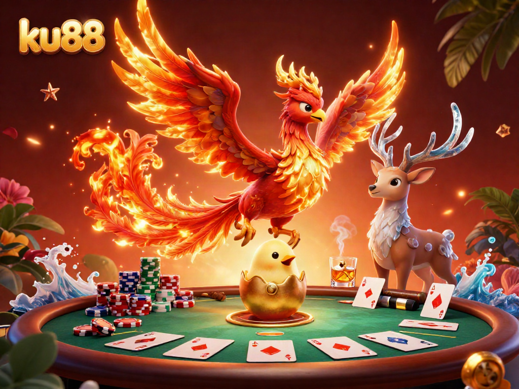 Engage with thrilling gameplay at ku88, highlighted by poker elements and vibrant casino characters.