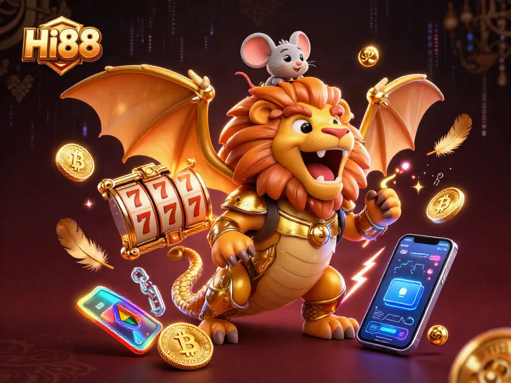 Join the Hi88 action with a chimera creature and mouse jockey amidst vibrant casino game elements.