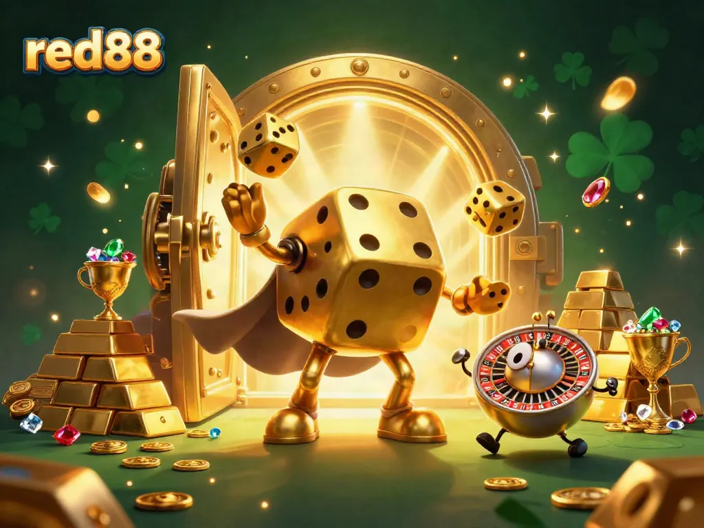 Engage with exciting gameplay at red88 featuring golden dice and treasure in a vibrant 3D setting.