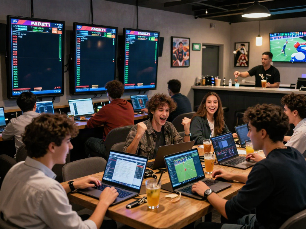 FABET sports betting scene with patrons enjoying live matches in a vibrant lounge atmosphere.