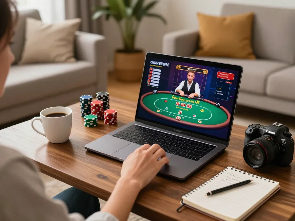 Engaging in strategic online gaming at home using hay88x platform with vibrant poker game interface visible.