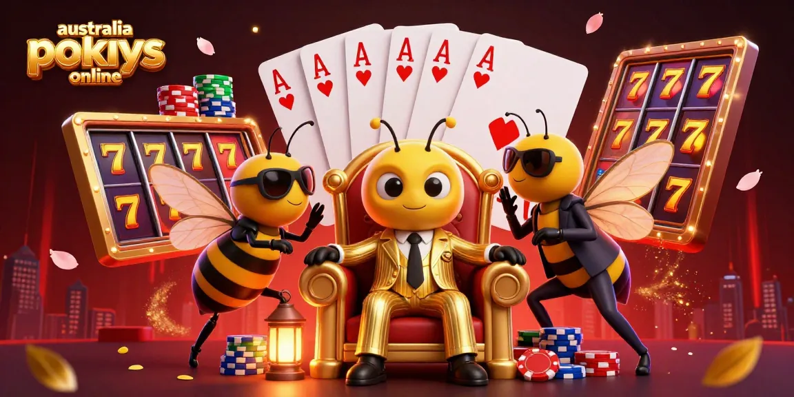 Engaging scene of australia pokies online featuring a bumblebee mob boss and wasp bodyguards at a colorful slot machine.