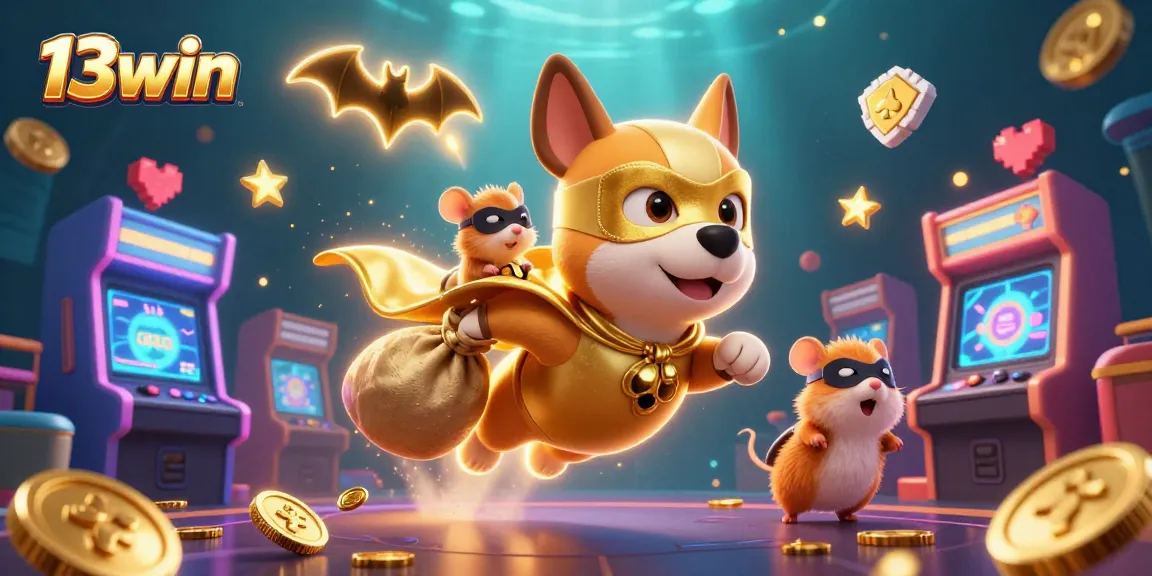 Experience the thrill of 13win with a flying superhero dog and hamster, amidst exciting casino elements.