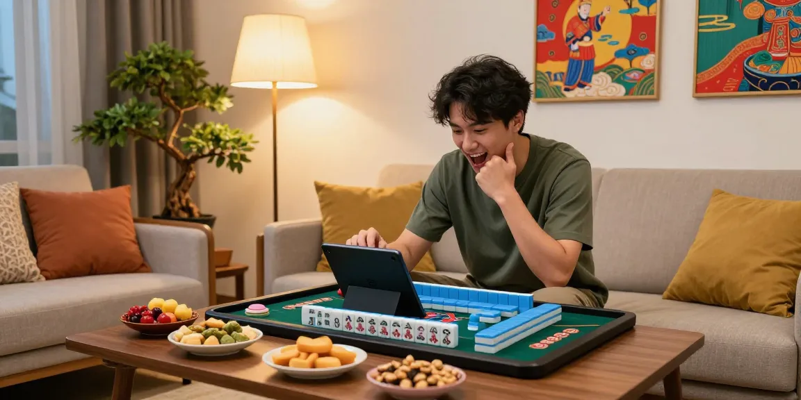 Player enjoying MAHJONGJP88 dengan deposit QRIS in a cozy living room, surrounded by snacks and Asian decor, creating an inviting gaming atmosphere.