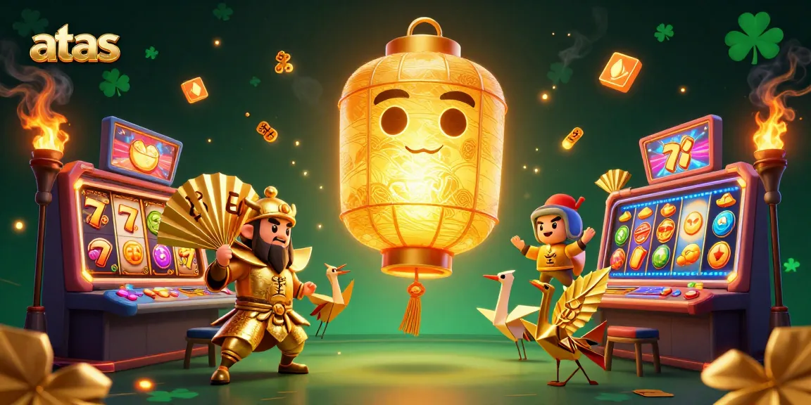 Win big at the atas casino, featuring a vibrant scene with golden lantern spirits and slot games.
