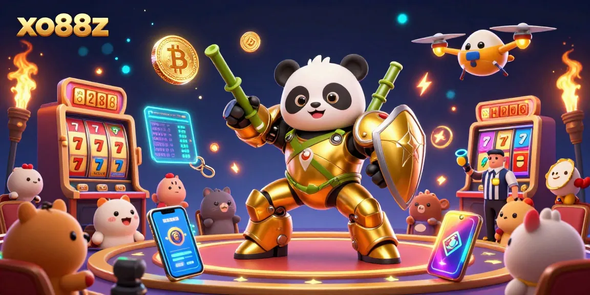 Engage in thrilling casino action with xo88z, featuring vibrant 3D cartoon mech-suit golden panda and exciting game elements.