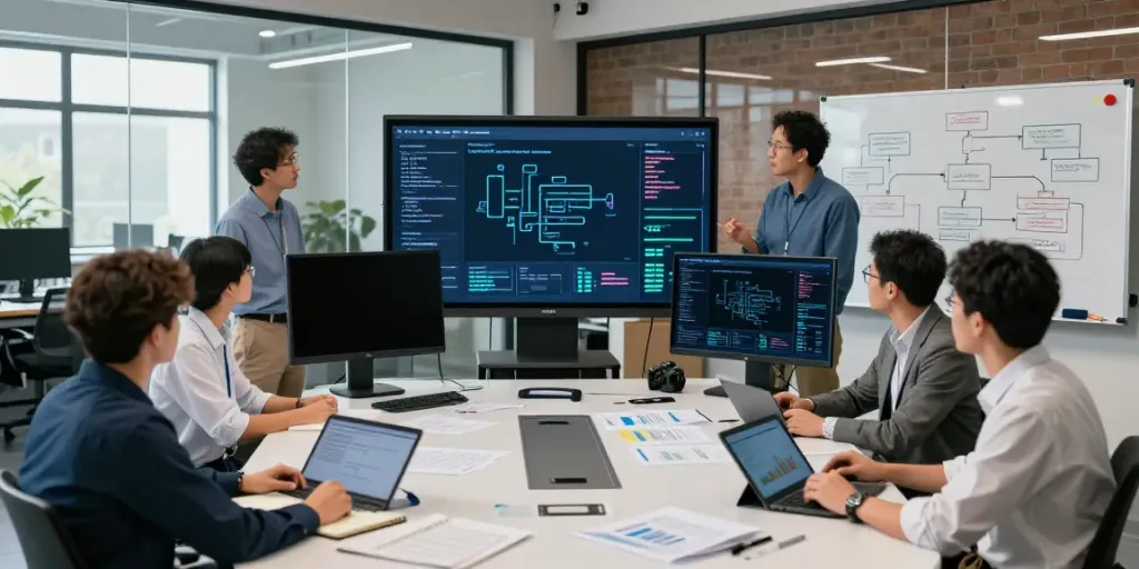 Collaboration in a modern enterprise AI lab showcasing diverse team members engaged in developing algorithms.