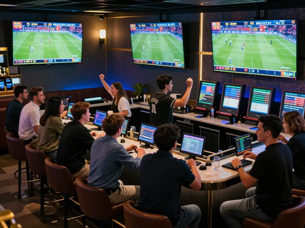 Sports fans engaging with tỷ lệ kèo nhà cái 5 while cheering for their favorite teams