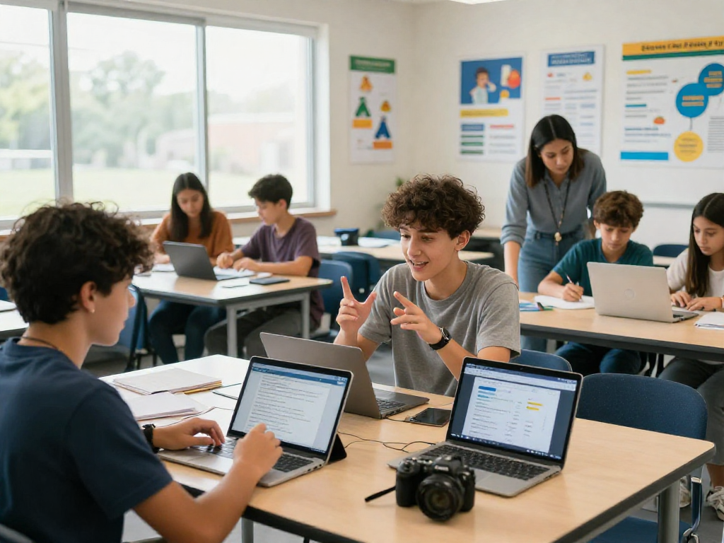 Diverse group of students using rokok88 digital curriculum in a lively learning environment.