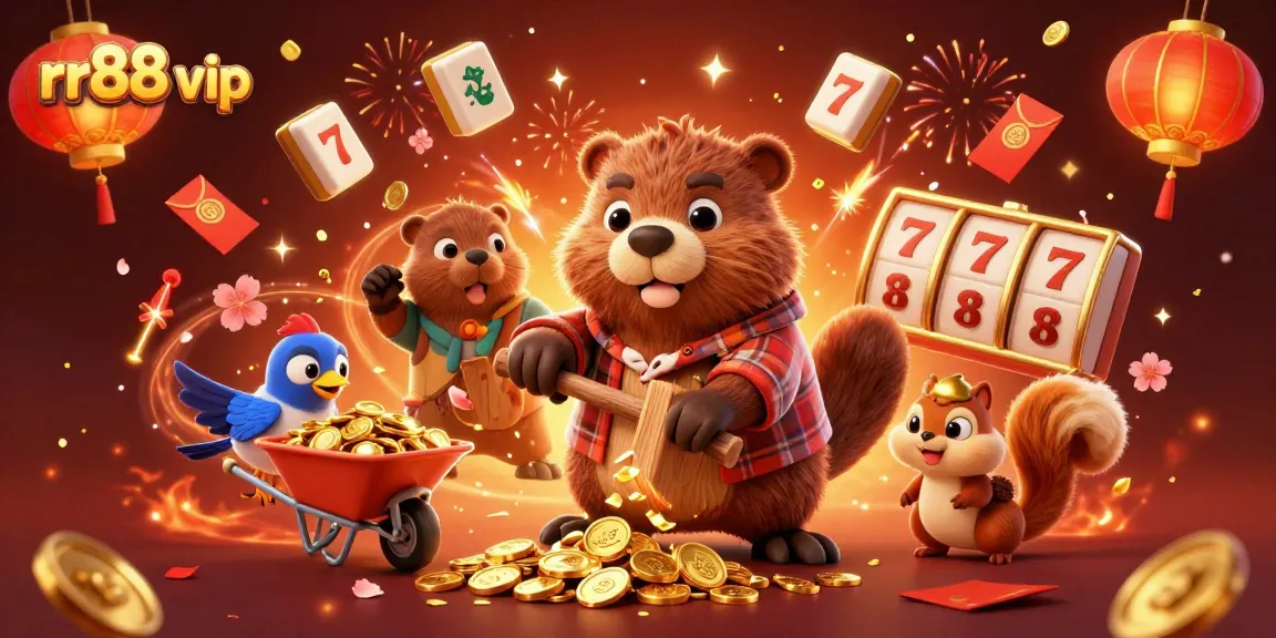 Celebrate with rr88 vip as the beaver and friends stack coins in a vibrant casino scene