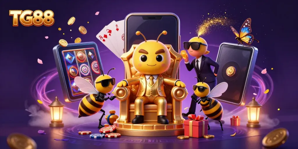 TG88 engages players with an exciting casino atmosphere featuring vibrant slot games and dynamic characters.