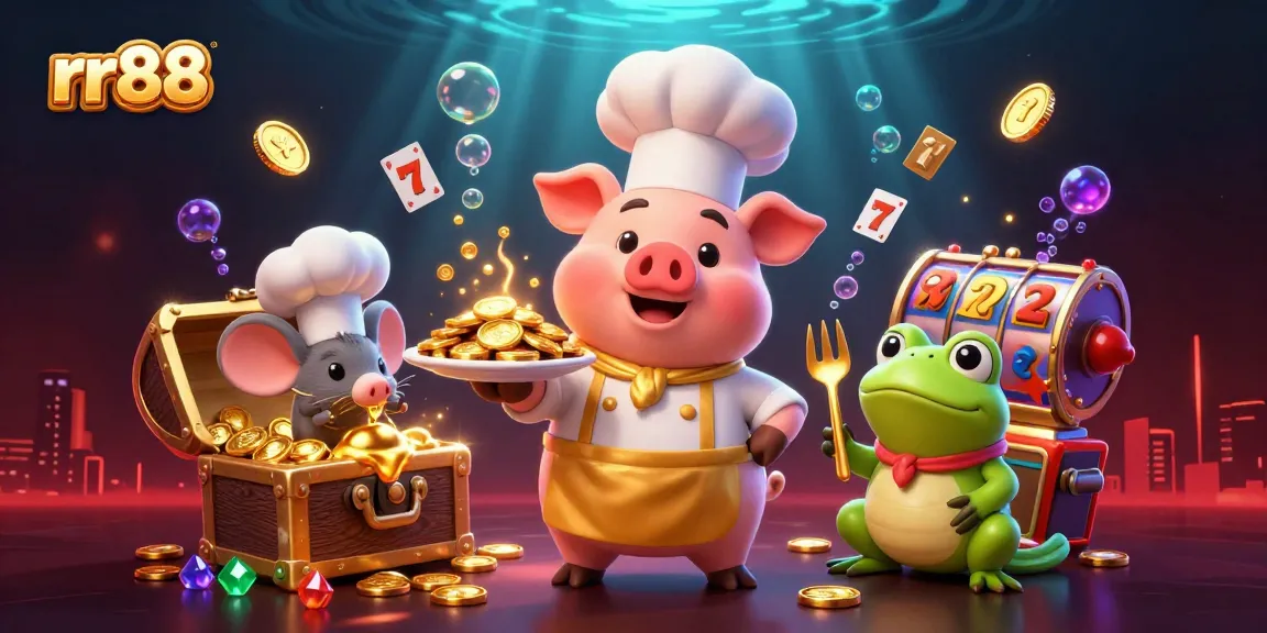 Experience the thrill of rr88 as chef pig serves gold coins, showcasing vibrant slot game elements.