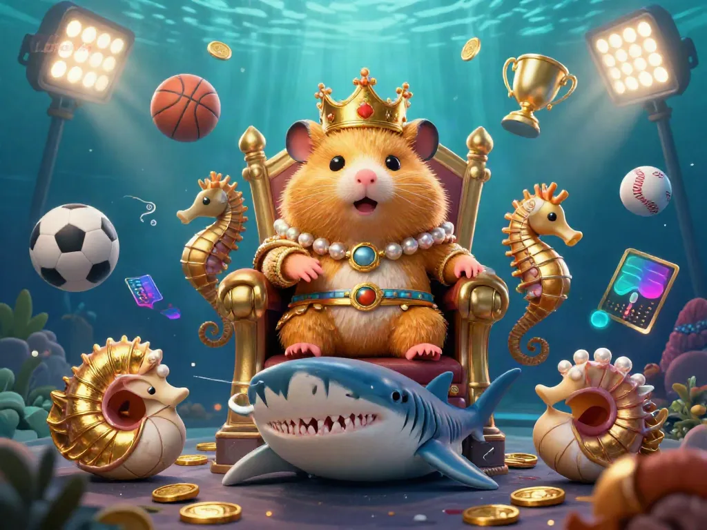 Lô đề online features a vibrant underwater scene with a hamster king on his throne surrounded by festive sports action.