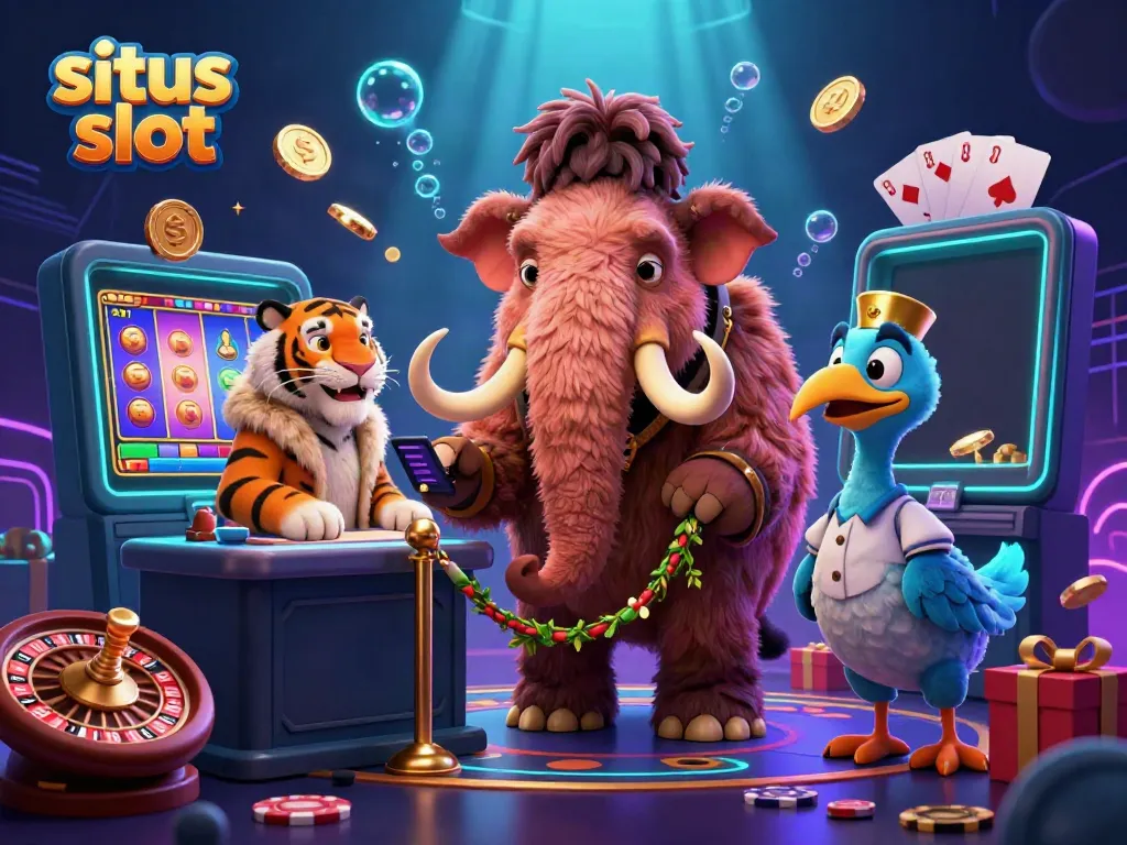 Experience thrill at situs slot with cartoon characters in action, vibrant game elements, and colorful graphics.
