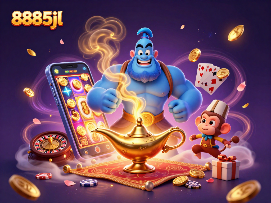 Experience the enchanting world of 8885jl with a magical casino scene featuring a genie, poker chips, and vibrant gaming elements.