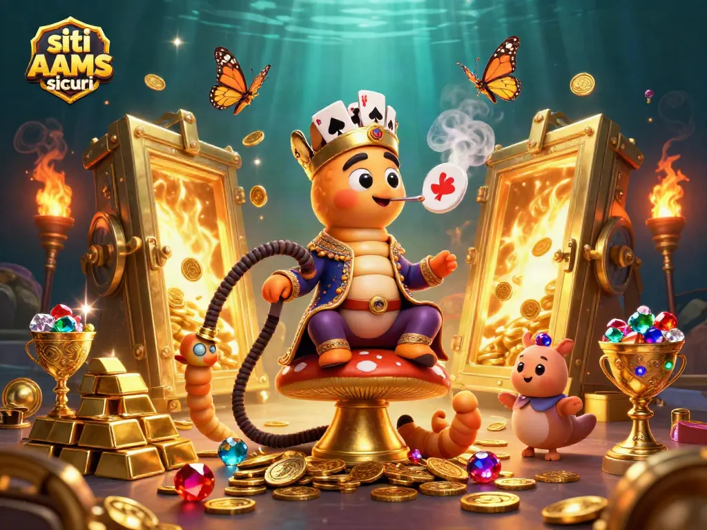 Gioca nei siti non AAMS sicuri mostrando una scena di casinò con simboli di poker e tesori.