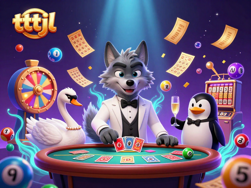 Experience the thrill at tttjl with a dazzling baccarat scene featuring a debonair wolf and elegant characters.