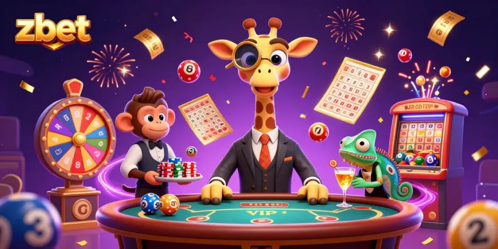 Engage with Zbet's thrilling casino experience illustrated by a rich 3D scene of vibrant game elements and characters.