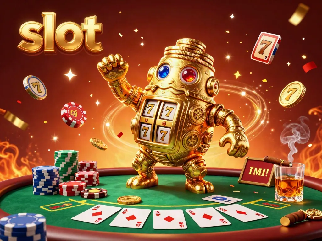 Spin the reels on slot machines alongside a golden golem amidst vibrant casino elements.