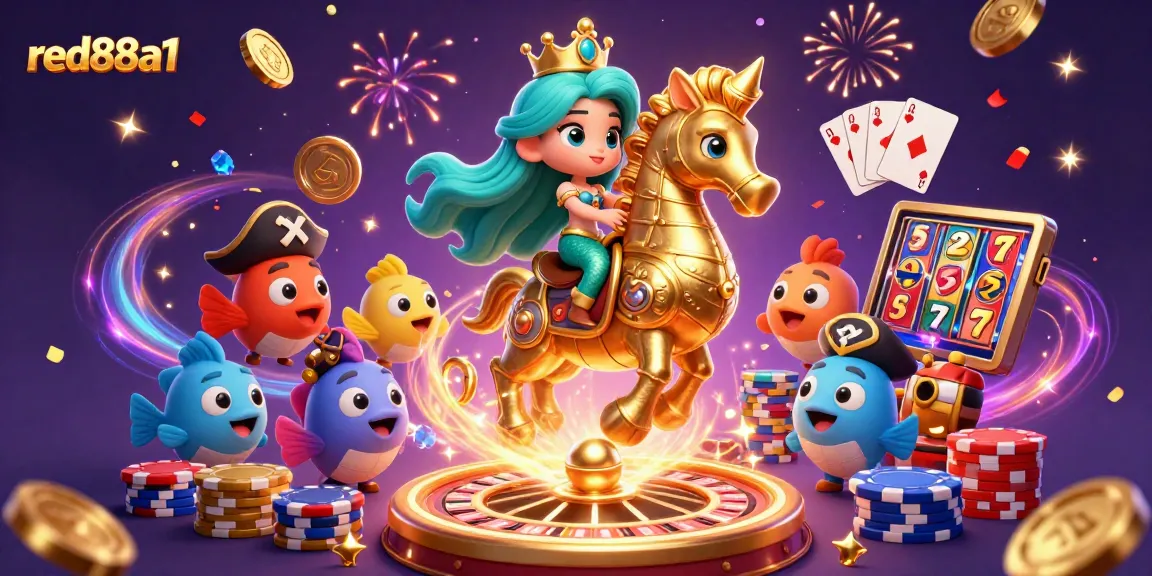 Experience thrilling victories at red88a1 with a magical mermaid and seahorse amidst vibrant casino elements