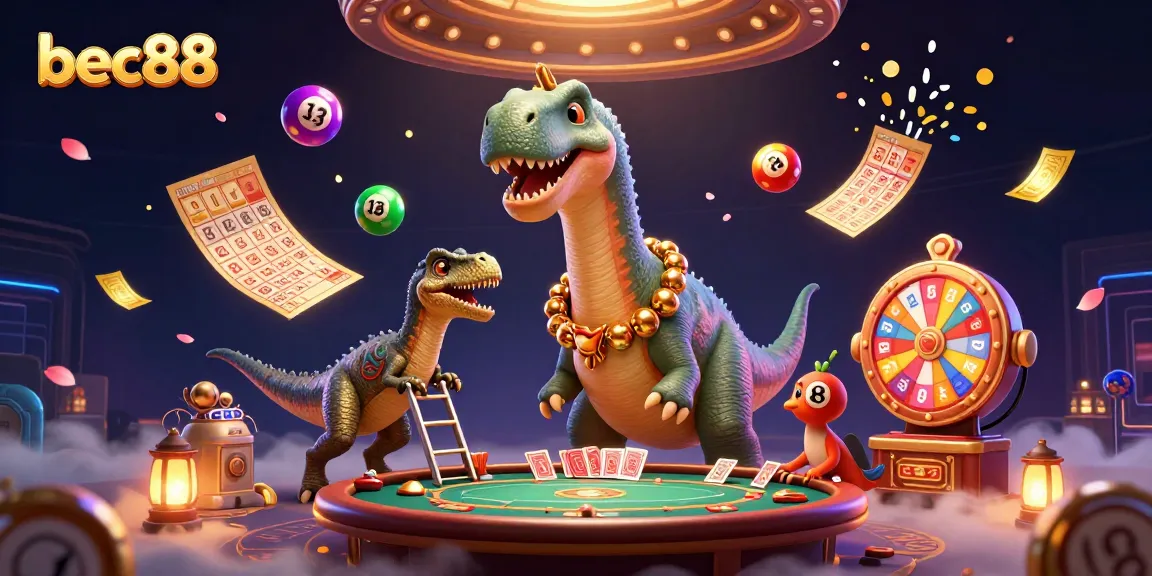 Engage with bec88’s vibrant casino world featuring a brontosaurus and clever raptor amidst dynamic gaming elements.