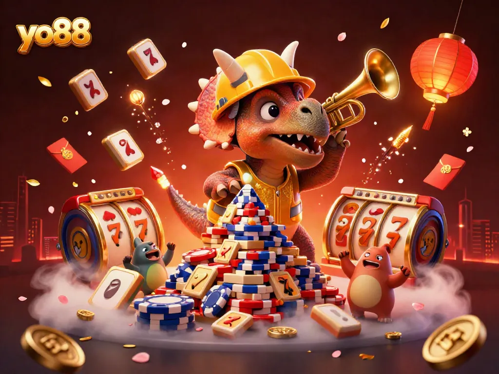 Join the celebration of yo88 with vibrant games, cheering characters, and illuminated casino elements.