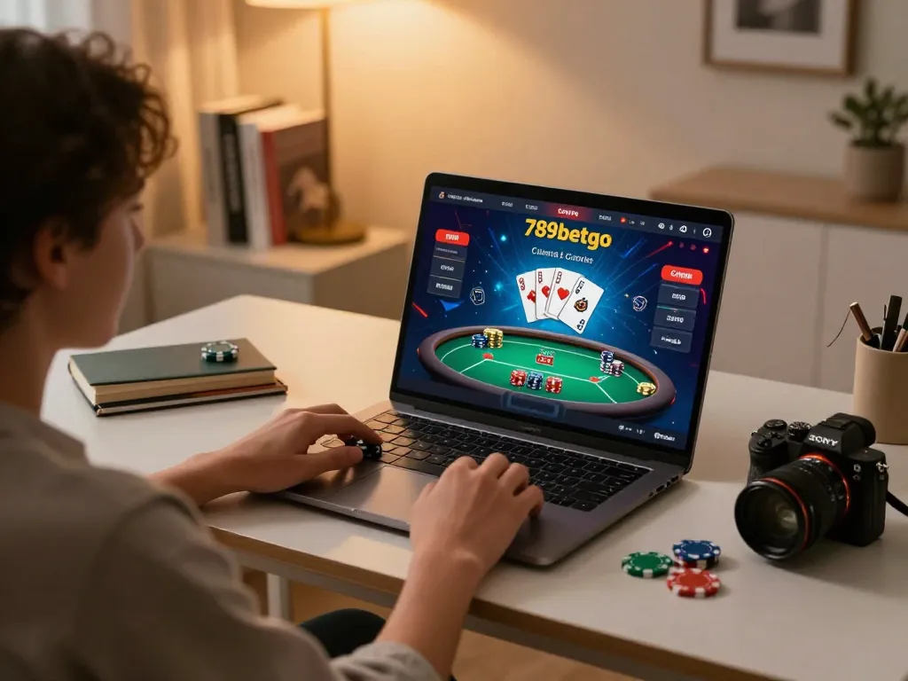 Engaging with the 789betgo app for an exciting online poker session in a cozy home setting.