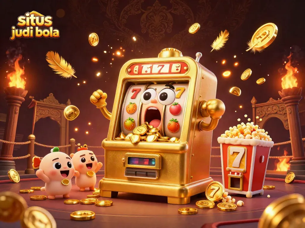Situs judi bola features vibrant slot machines celebrating wins with coins, dynamic casino elements.
