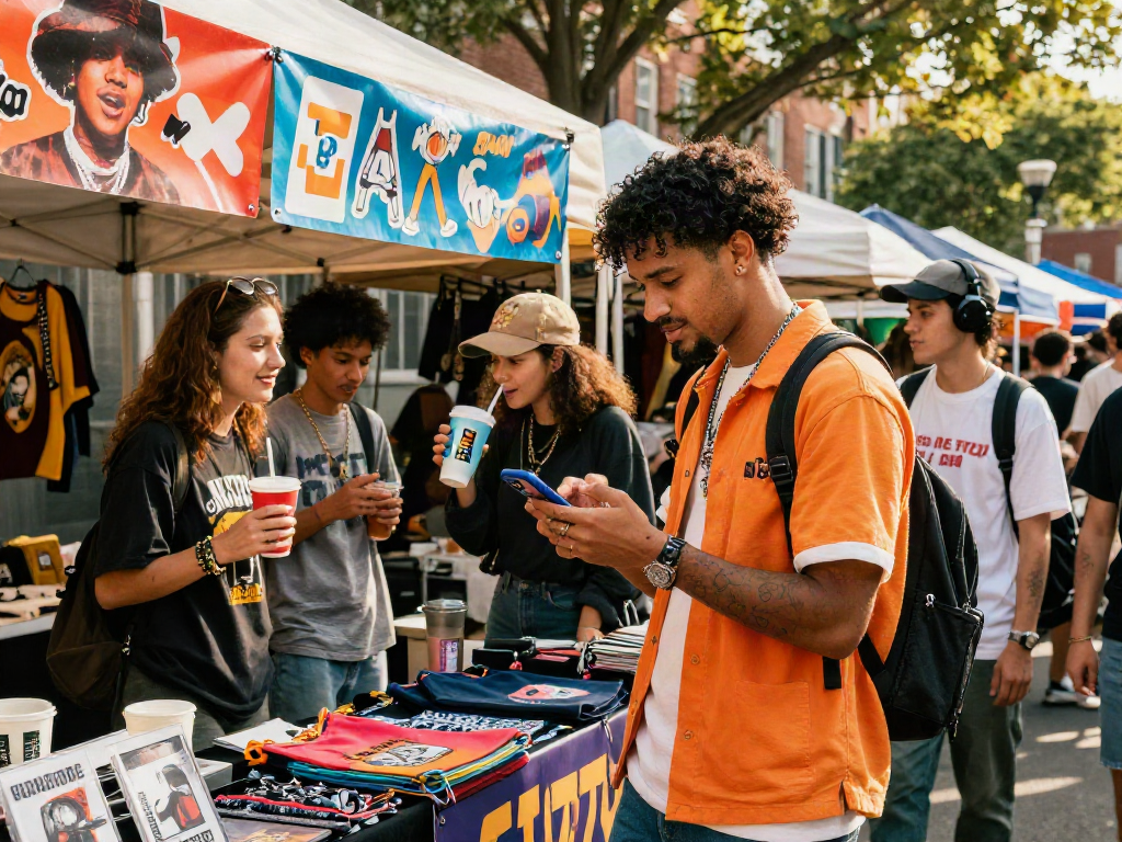 Engaging lifestyle scene promoting rokok88 merchandise in an urban market atmosphere.