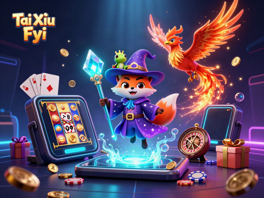 Tài Xỉu Fyi showcases a mystical wizard fox and phoenix amidst vibrant casino elements.