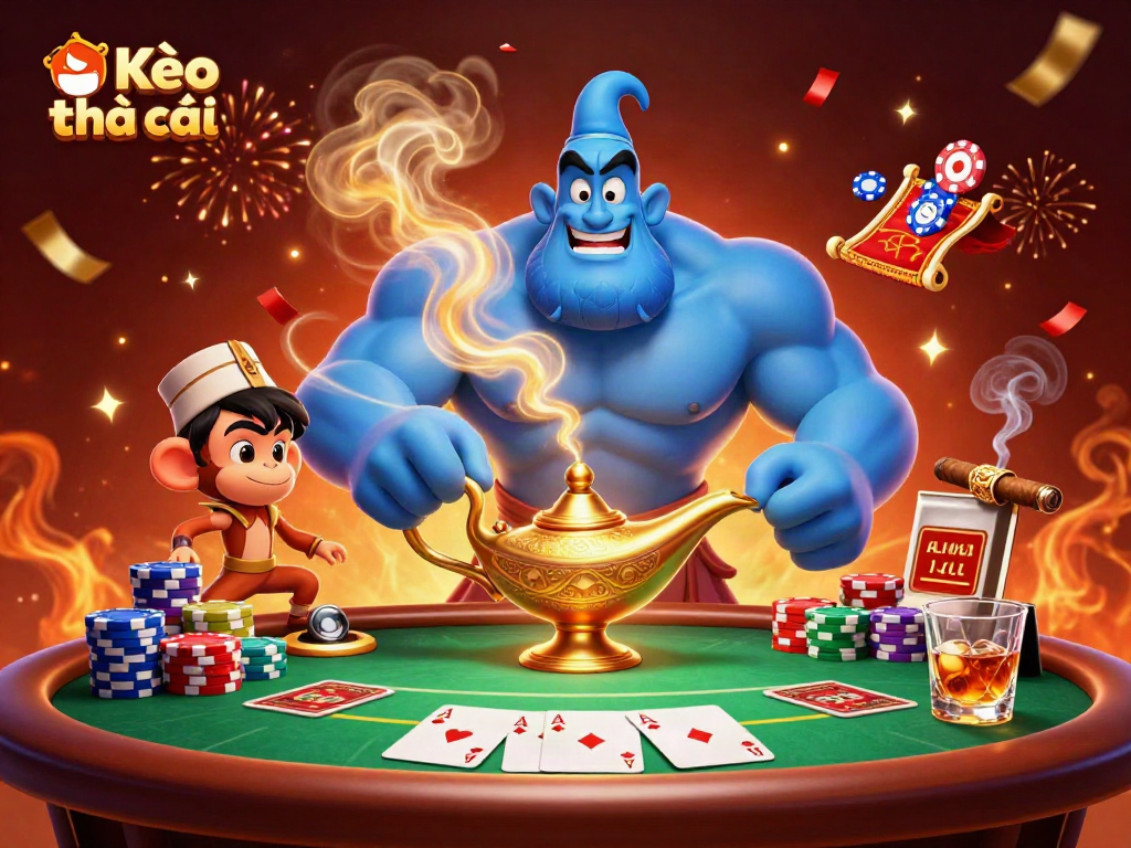 Kèo nhà cái showcases a vibrant 3D scene with a genie, poker chips, and casino elements.