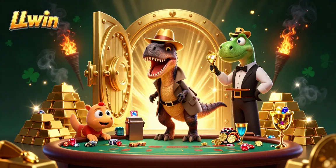 LLwin velociraptor card counter enjoying blackjack in a fantasy casino setting filled with treasures and gems.