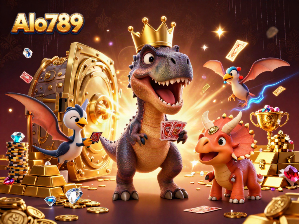 Alo789 features a T-Rex shuffling cards and a triceratops stacking chips in a vibrant casino scene.
