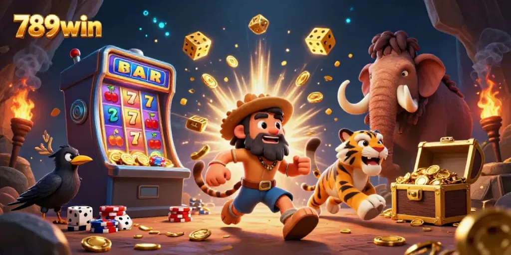 789win casino scene with a caveman duo and slot machines exploding with coins