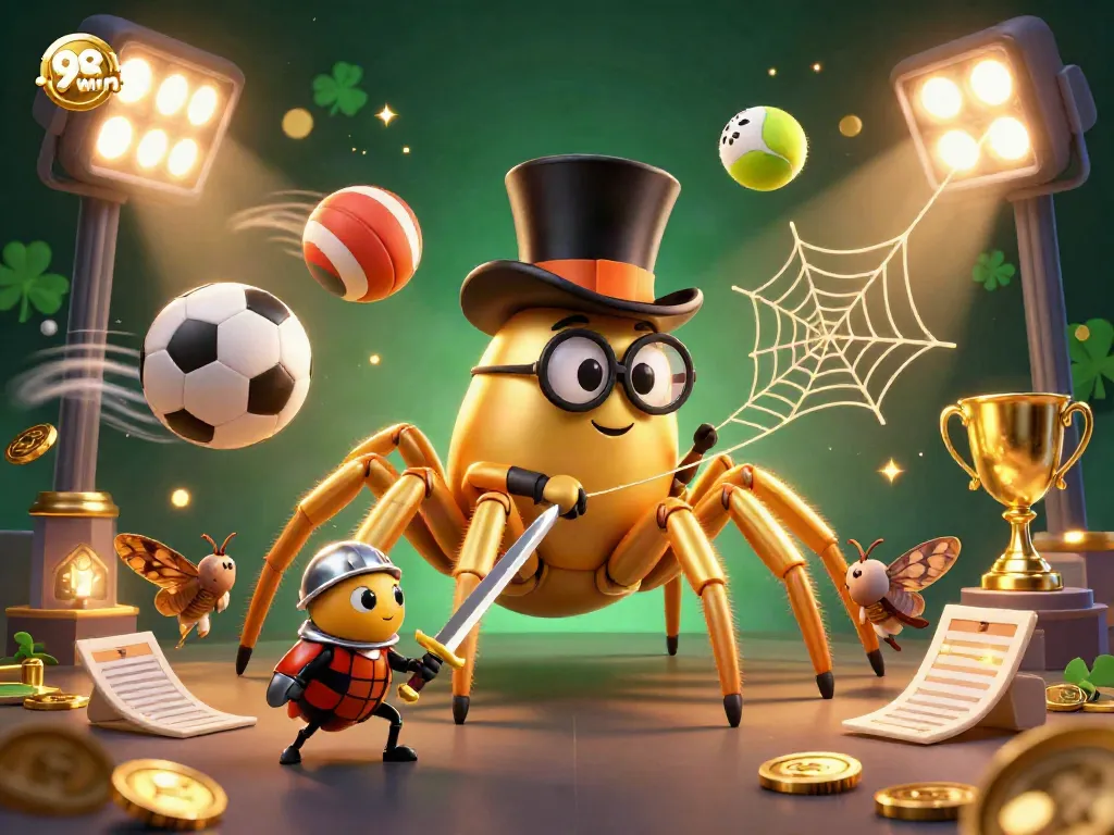 Experience the exciting world of 98win as a golden tarantula weaves a web in a lively casino.