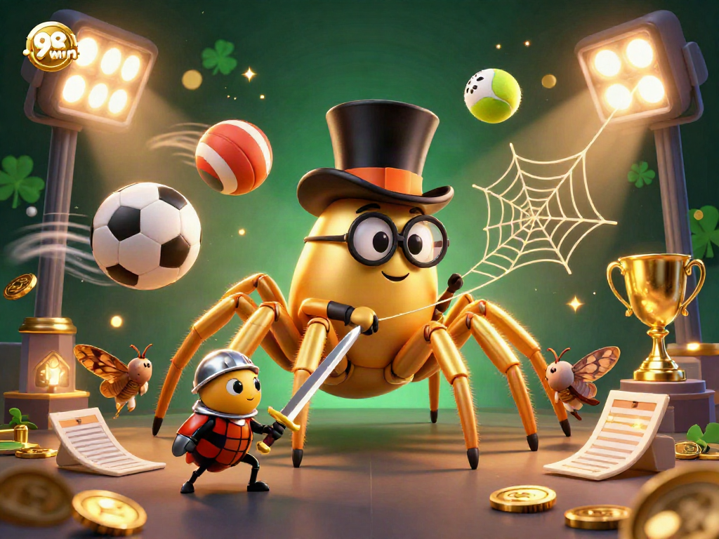 Experience the exciting world of 98win as a golden tarantula weaves a web in a lively casino.
