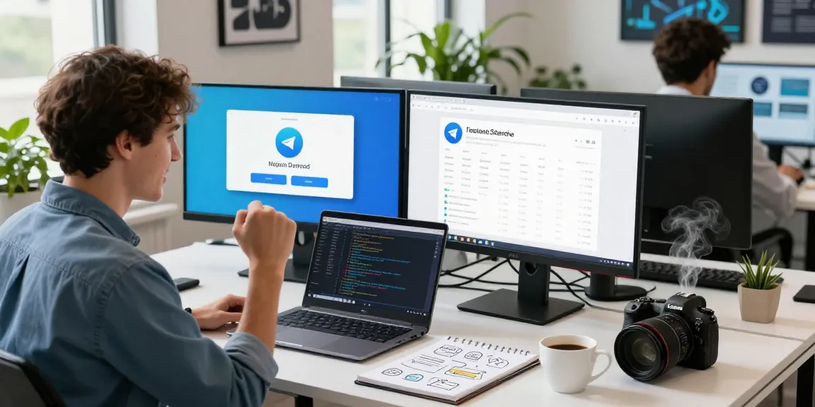 Celebrating Telegram Download success in a tech workspace.