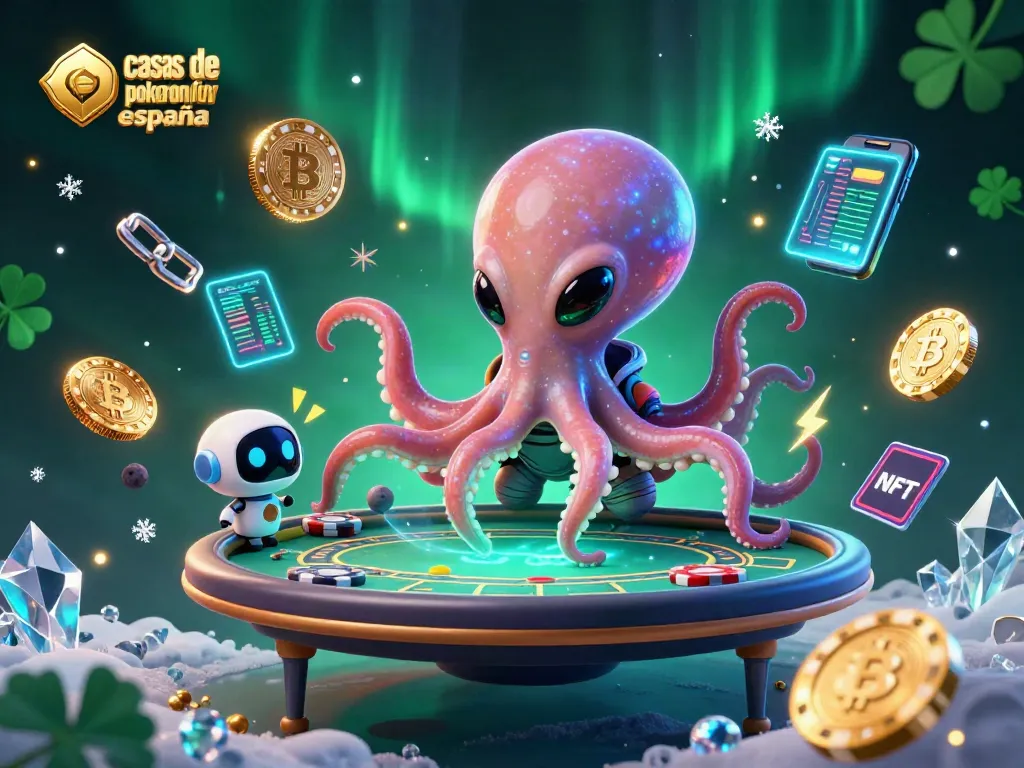 Casas de póker online España: alienígena octópodo y robot jugando al póker en un entorno cósmico.