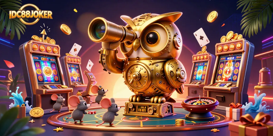 Experience the excitement of gaming at IDC88JOKER with vibrant 3D elements showcasing slots and rewards.