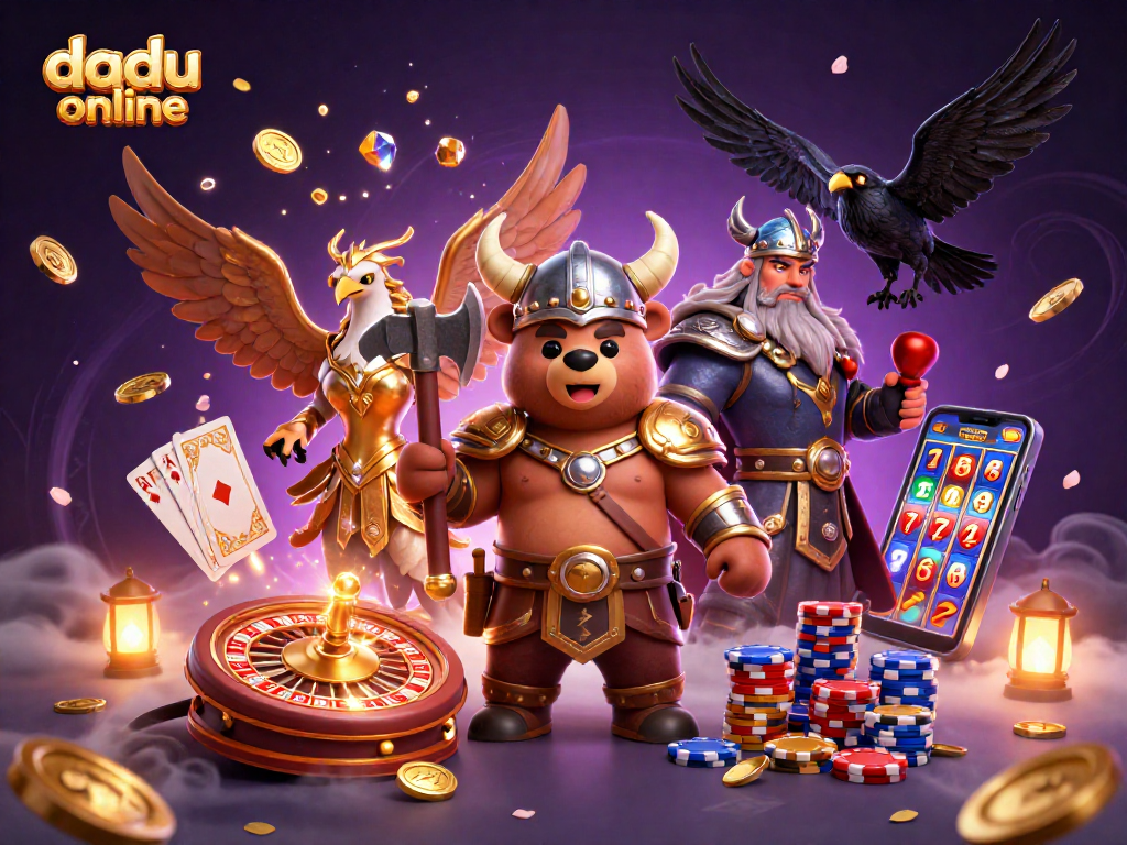 Experience thrilling dadu online action with vibrant casino characters amidst cascading coins and gaming elements