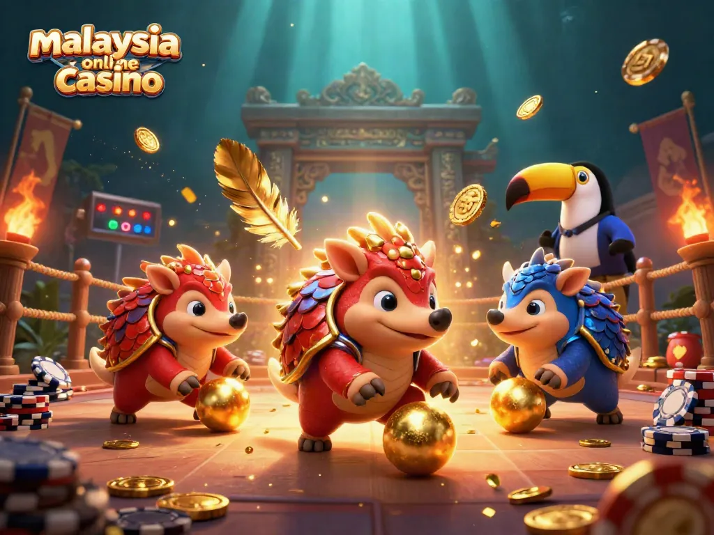 Compete at the malaysia online casino with rival pangolins bowling poker chips amidst golden confetti.