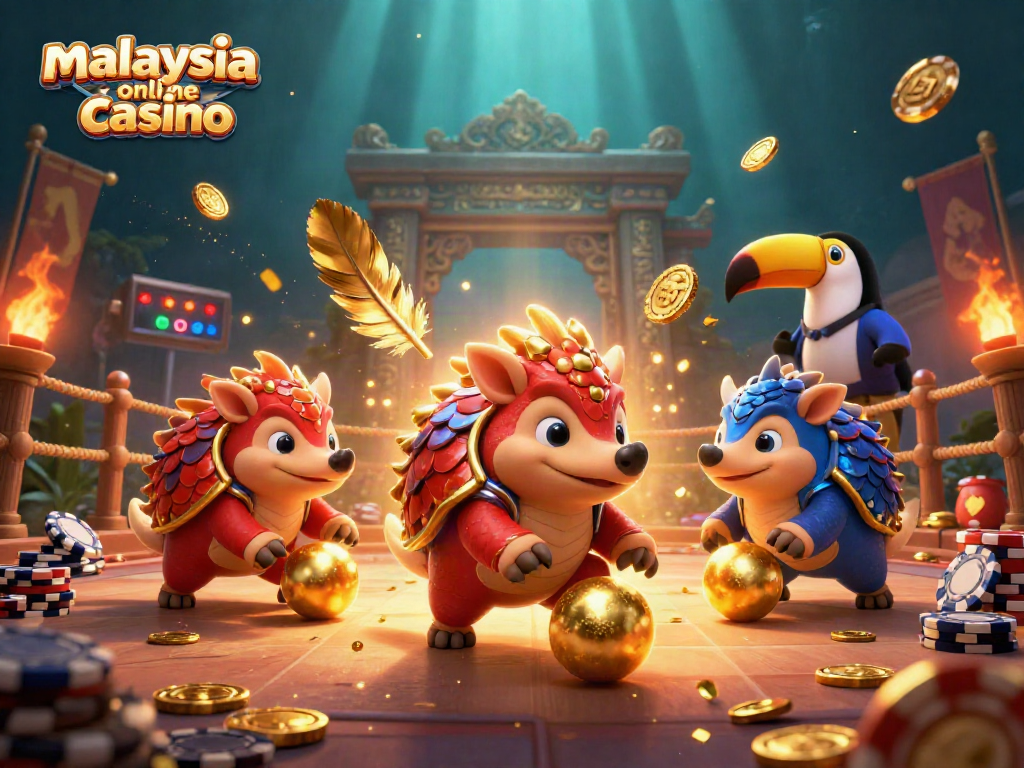 Compete at the malaysia online casino with rival pangolins bowling poker chips amidst golden confetti.