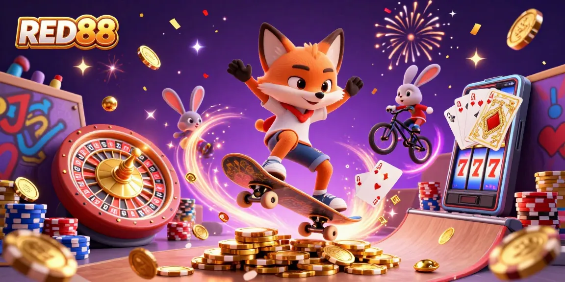 Engage with RED88's vibrant 3D casino world featuring characters and lively gambling elements.