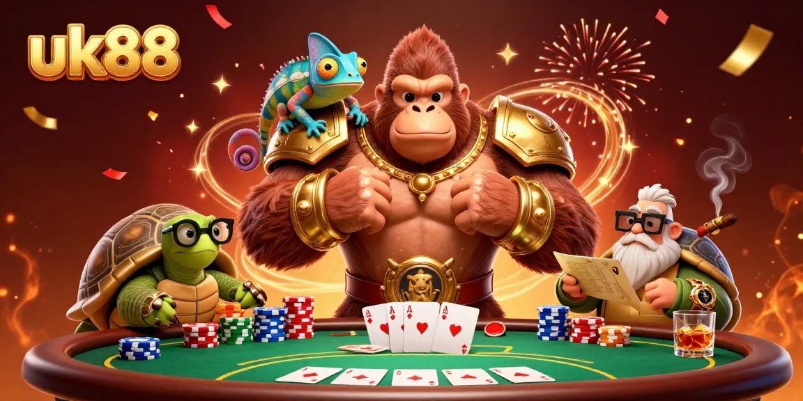 Experience the excitement of uk88 with a powerful gorilla king surrounded by gambling elements.