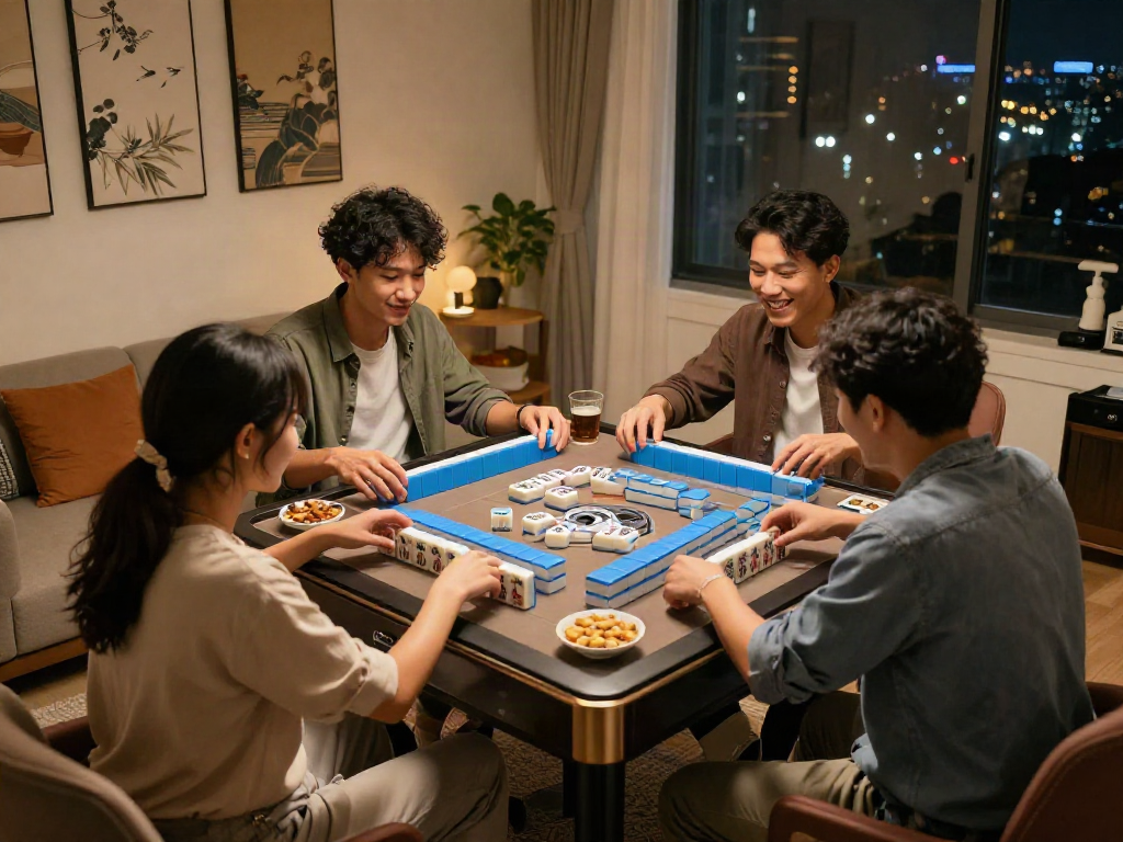 Engaging scene of friends enjoying MAHJONGJP88 dengan deposit QRIS game night with snacks and joyful interactions.