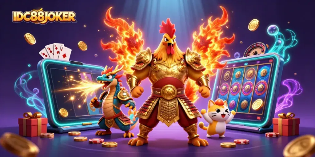 Experience thrilling action with IDC88JOKER's cartoon rooster warrior and vibrant gaming elements.